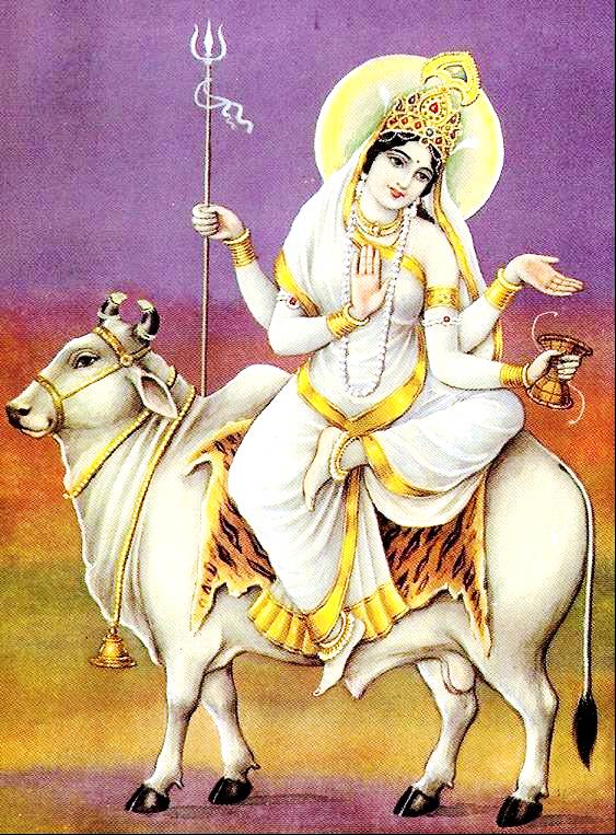 Mata Mahagauri is worshipped on the 8th day of Navaratri, also known as Ashtami. Her name translates to “extremely white”, in reference to the fair complexion that illuminates Her body. During Goddess Parvati’s penance to have Lord Shiva as Her husband, She endured many adverse conditions such as living deep in the forest with only leaves for bedding. When Lord Shiva agreed to marry Goddess Parvati, He bathed Her with water from the River Ganga, restoring Her fair complexion.