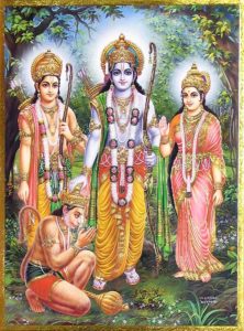 Hanuman ji is praying to Shri Ram ji adn Mata Sita alongwith Lakshman ji
