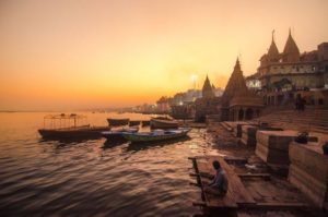 A beautiful photo of ghat on banks of river Ganges of Kashi at evening time