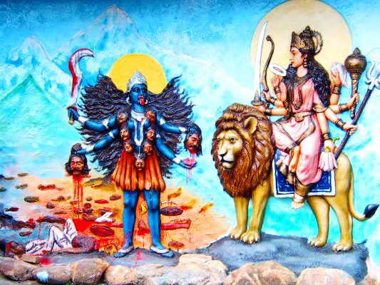 The legend has it that Chamunda emerged from an eyebrow of Goddess Durga with an aim to kill demons Chanda and Munda. After a fierce battle, Devi killed both these demons.